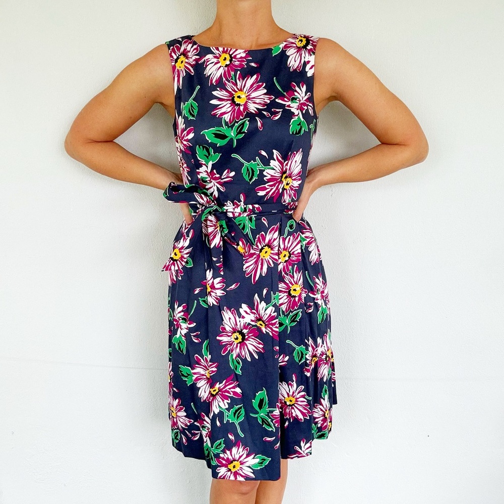 Anne Klein purple floral sleeveless cotton knee length sash dress size 2